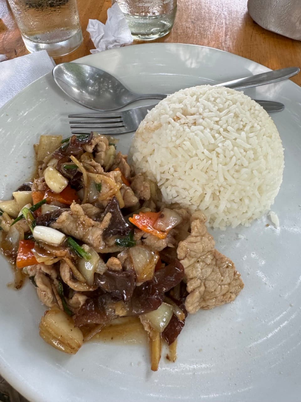 Pork stir-fry with cloud-ear mushrooms and rice. Honest food at the end of a long day.