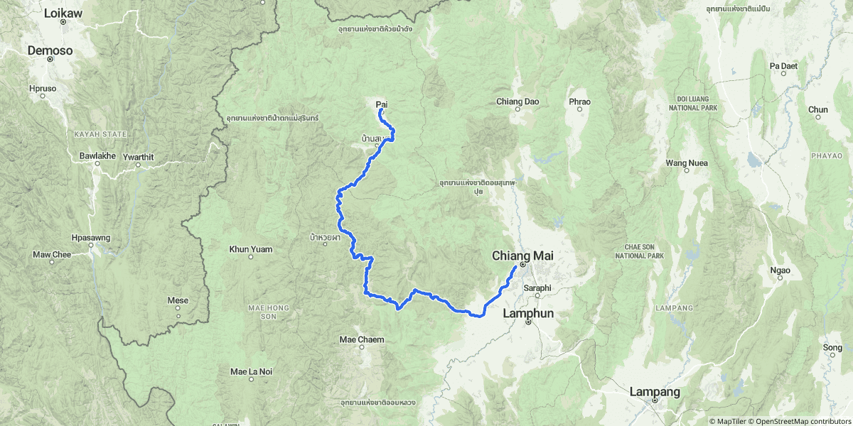 Day 1 — south first into Mae Chaem, then north along the Khun Yuam Road into Pai. The day everyone said was too far.