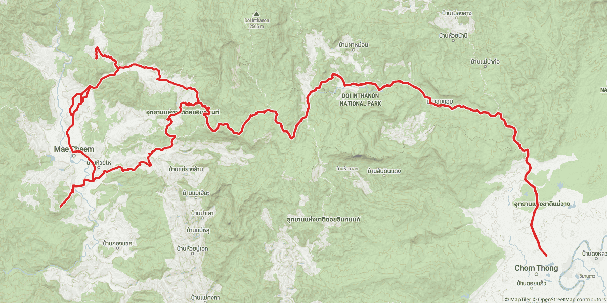 The whole day in one line. Out west into the Mae Wang headwaters, south past Doi Inthanon’s eastern flank, north-east back to Chiang Mai.