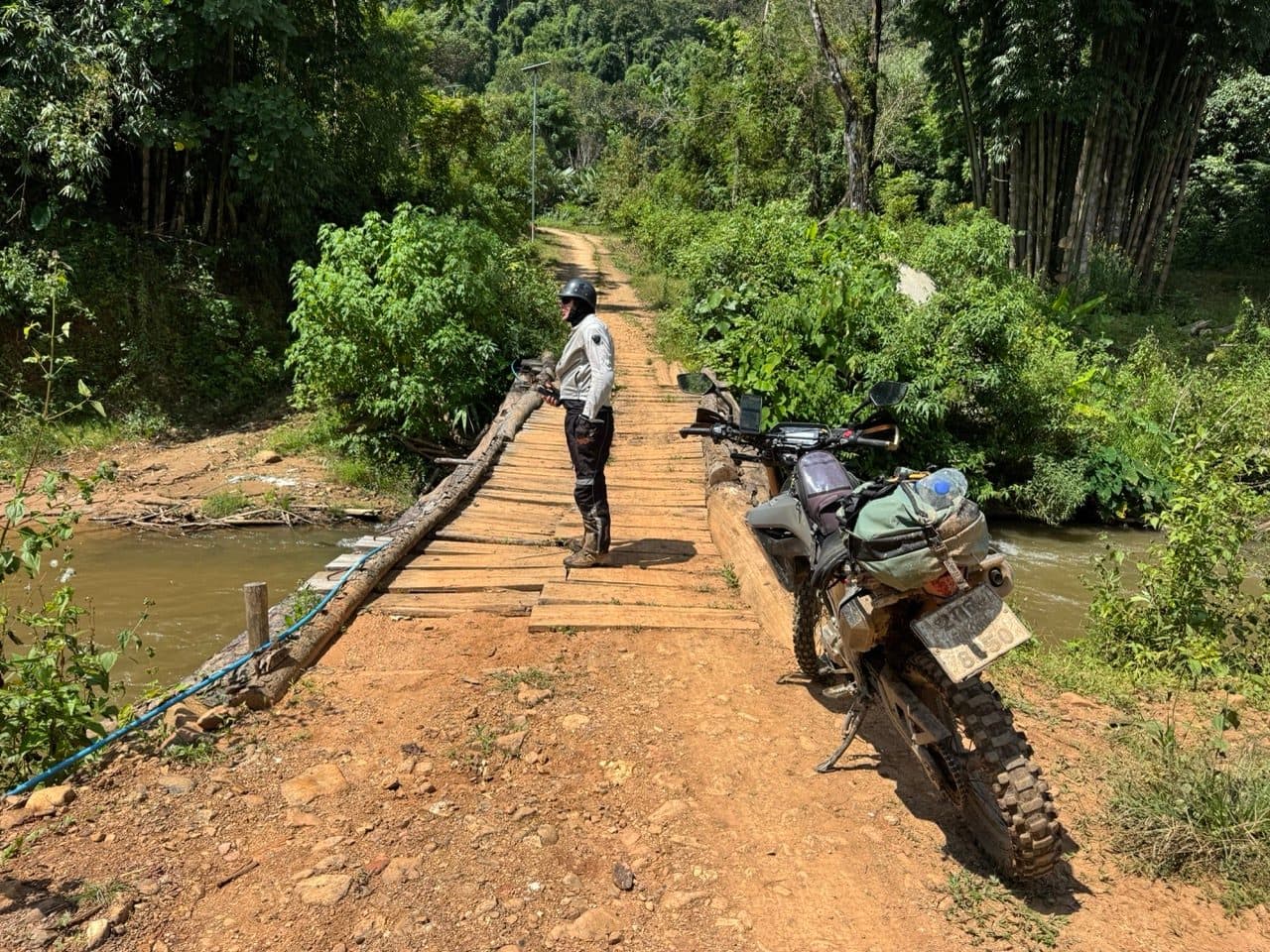 Looking at the plank bridge before riding it.